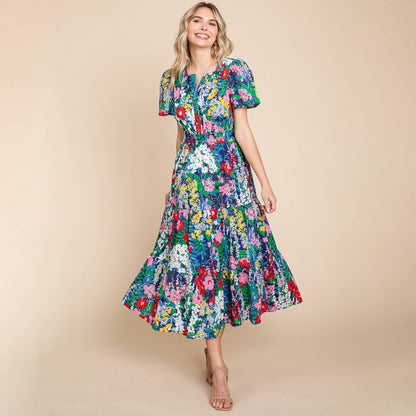 Navy Tiered Floral V Neck Cotton Midi Dress (Plus Size Exclusive!)