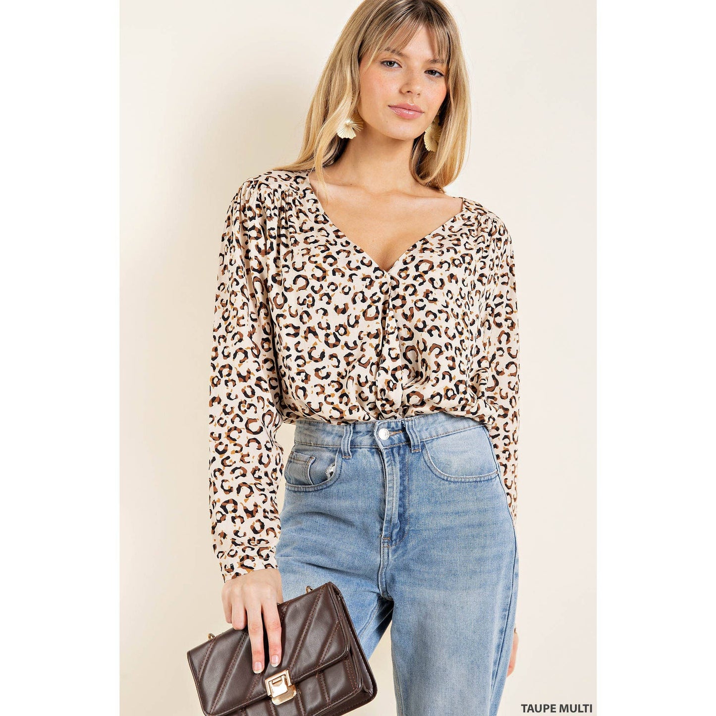 Taupe Long Sleeve Retro Inspired Animal Print Bodysuit