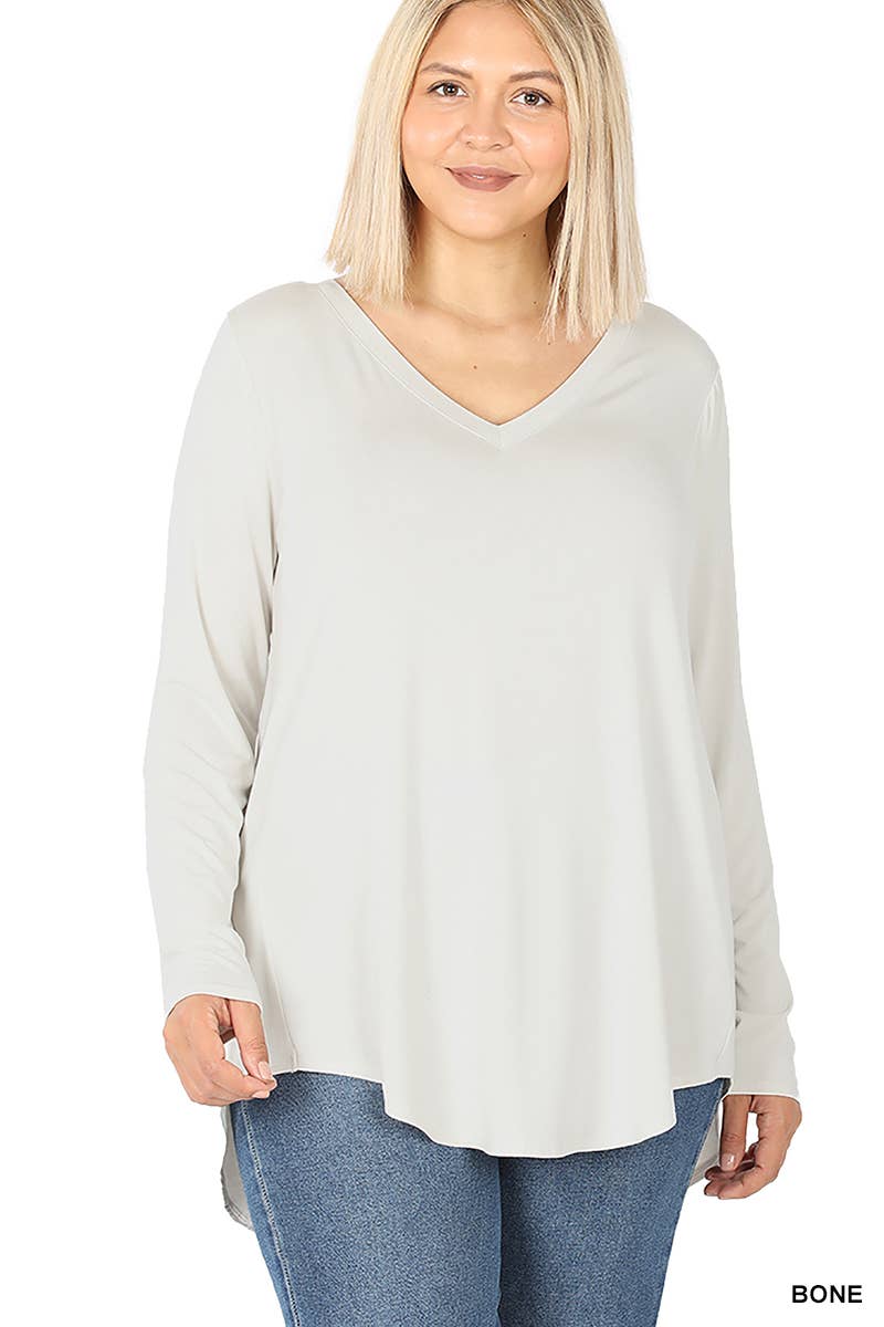 Bone Long Sleeve V-Neck Hi-Low Hem Shirt (Plus Exclusive!)