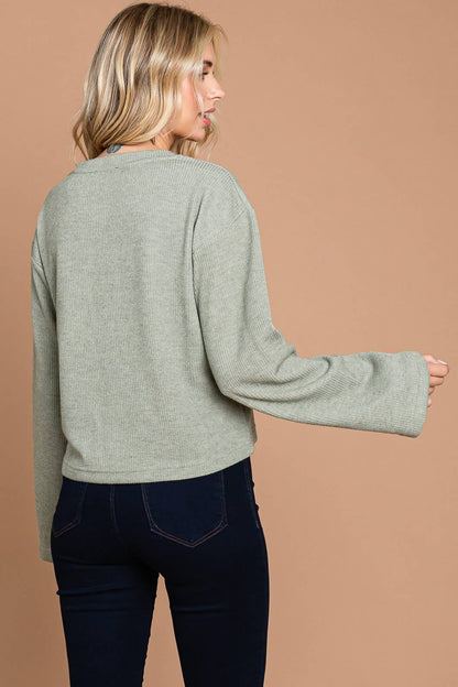 Sage Green Ribbed Bell Sleeve Top