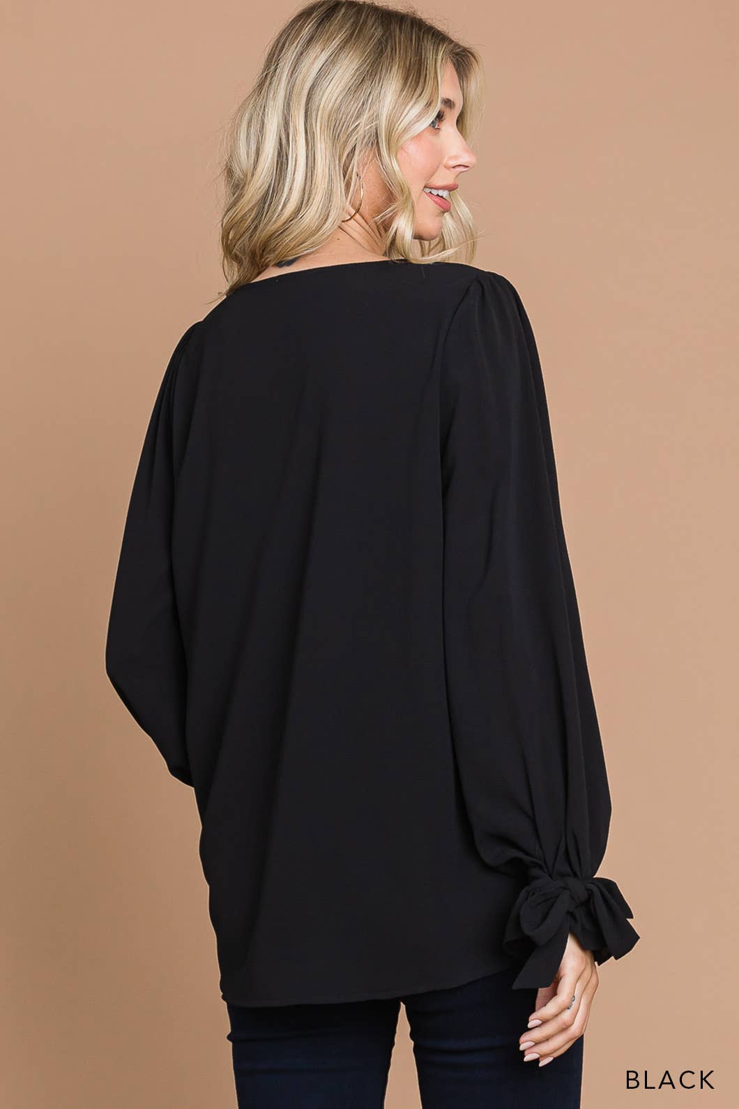 Black Soft Woven V-Neck Tie Detailed Sleeve Top (Includes Plus!)