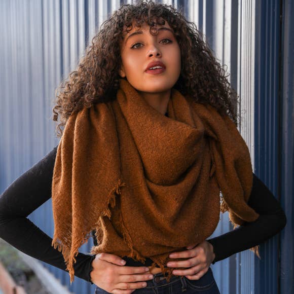 Solid Marl Woven Blanket Scarf: Camel