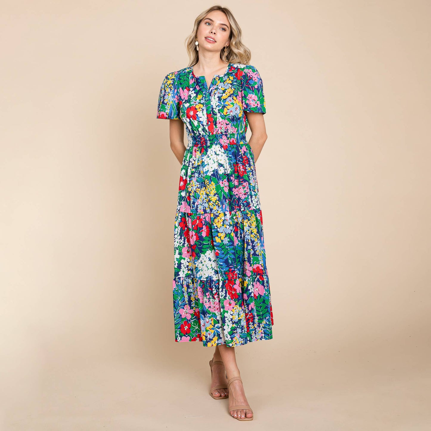 Navy Tiered Floral V Neck Cotton Midi Dress (Plus Size Exclusive!)