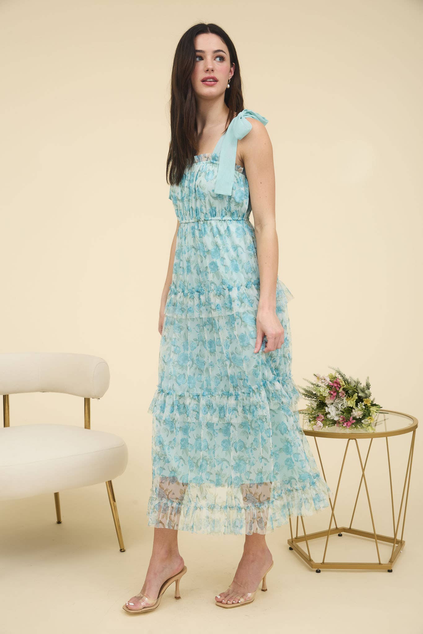 Blue and Green Floral Tie Strap Ruffle Trim Tiered Maxi Dress