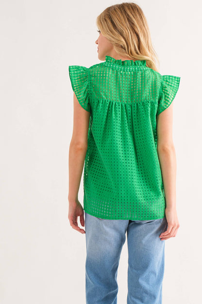Green Sheer and Gridded Baby Doll Ruffled Top (Includes Plus!)