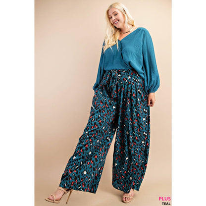 Teal Animal Print High Rise Wide Leg Pants with Elastic Smocked Waist (Plus Exclusive!)