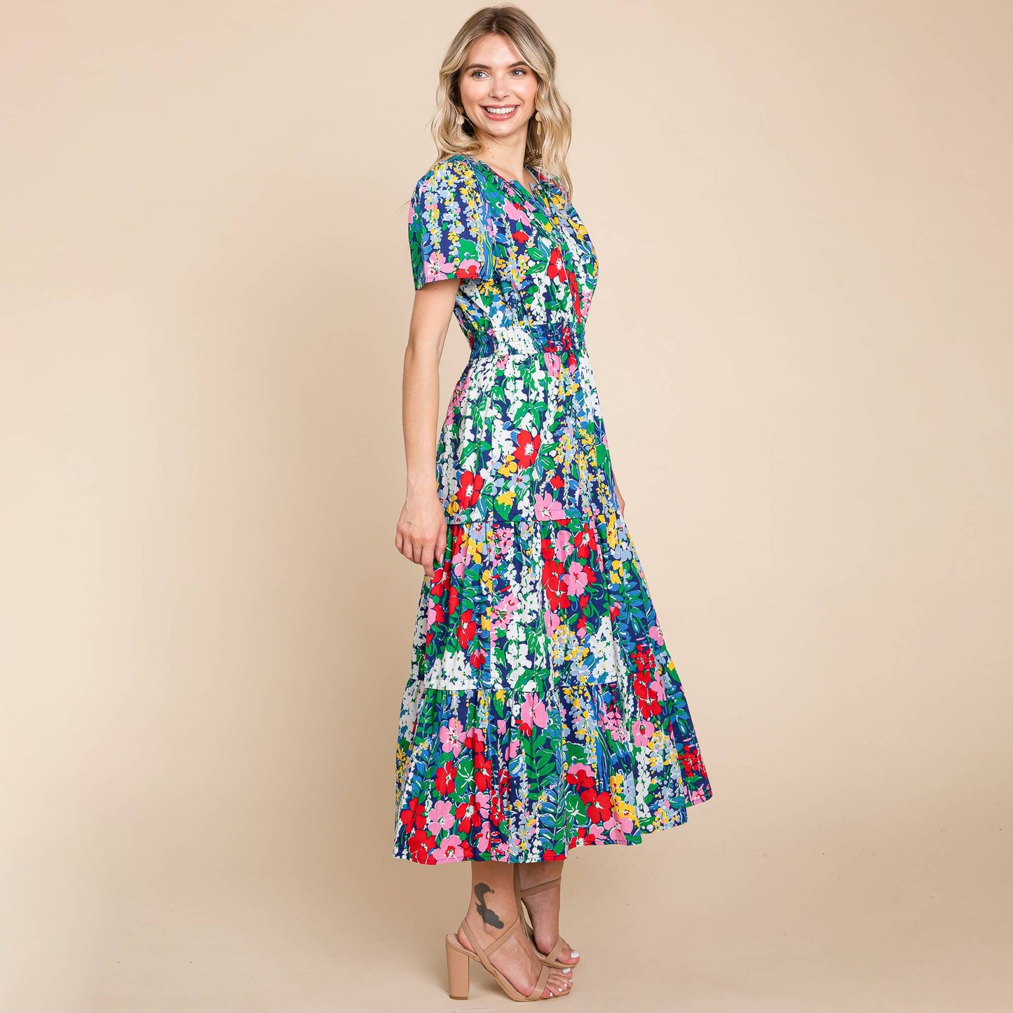 Navy Tiered Floral V Neck Cotton Midi Dress (Plus Size Exclusive!)