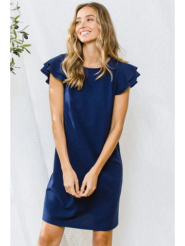Navy Shift Dress with Ruffle Tiered Short Sleeve (Includes Plus!)