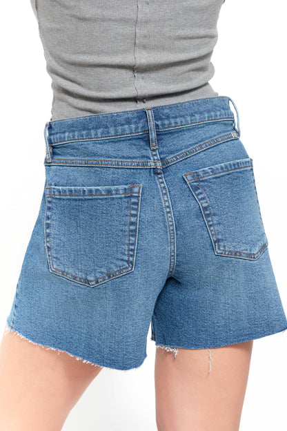 Light Medium Wash Loose Fit Mid Rise 5" Length Fray Hem Denim Short