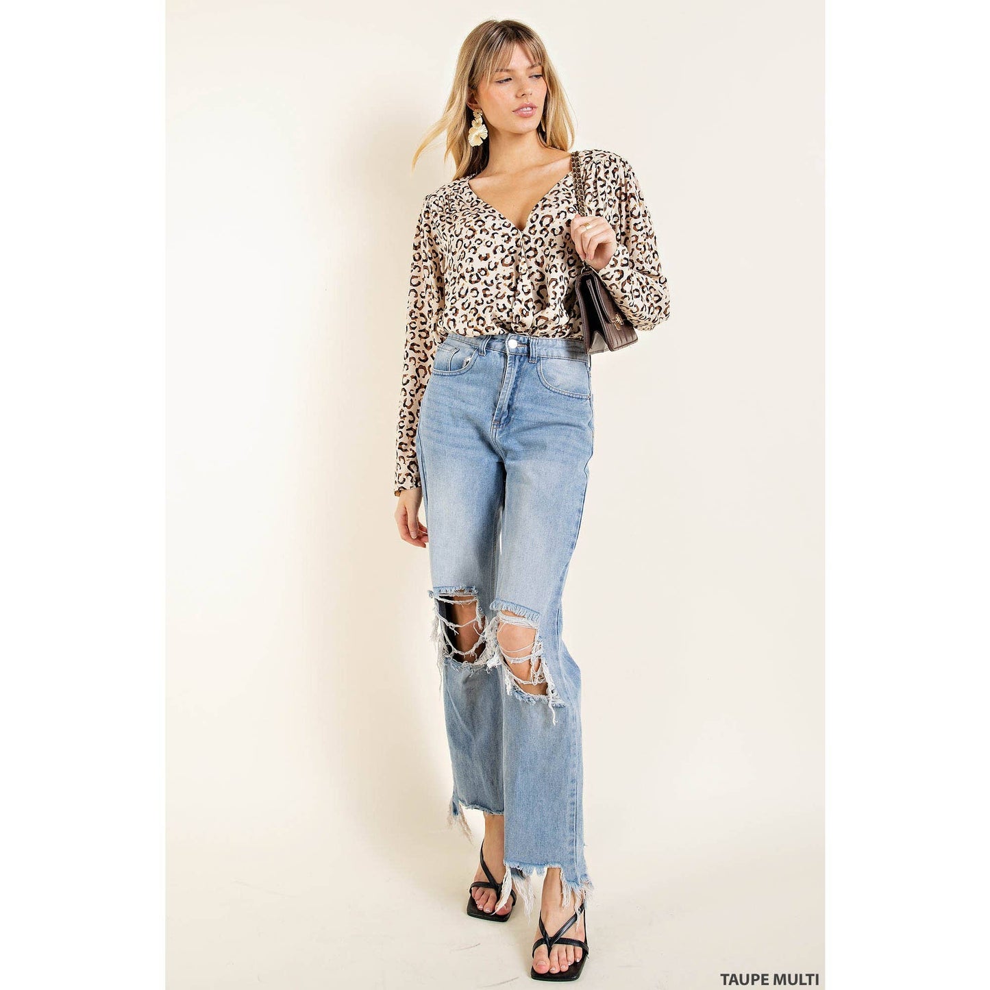Taupe Long Sleeve Retro Inspired Animal Print Bodysuit