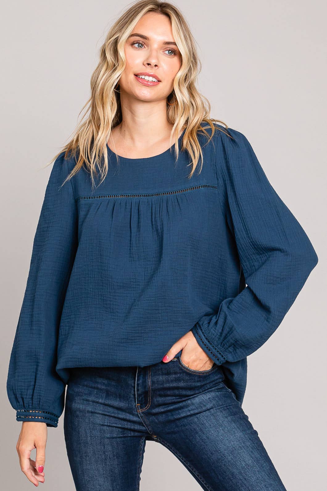 Navy Chic Cotton Ladder Trim Blouse