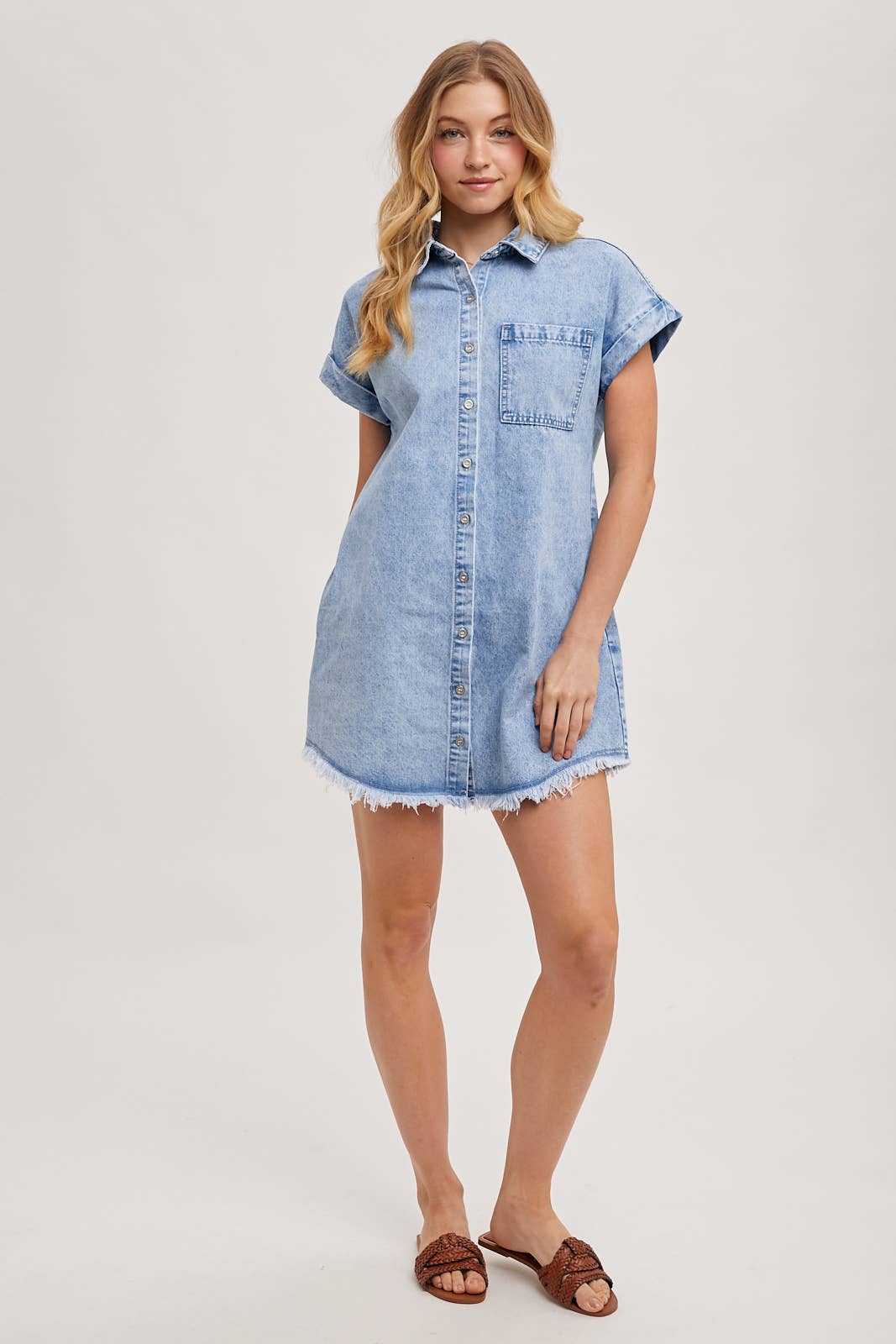 Light Wash Denim Button Down Short Sleeve Shirt Mini Dress