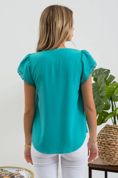 Bright Teal V Neck Scallop Lace Trim Tulip Sleeve Blouse