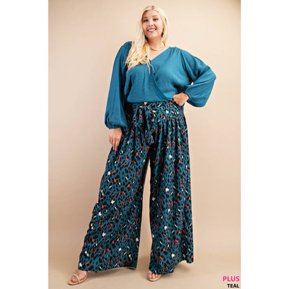 Teal Animal Print High Rise Wide Leg Pants with Elastic Smocked Waist (Plus Exclusive!)