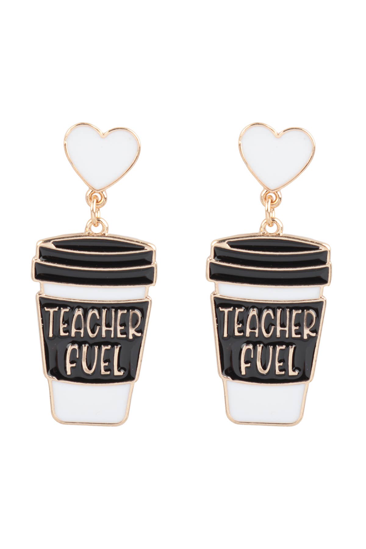 White "Teacher Fuel" Heart and Coffee Post Earrings