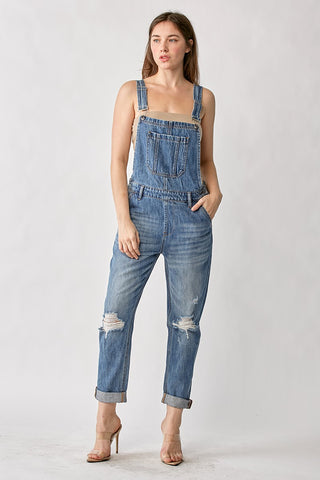 Relaxed Fit Distressed Denim Overalls