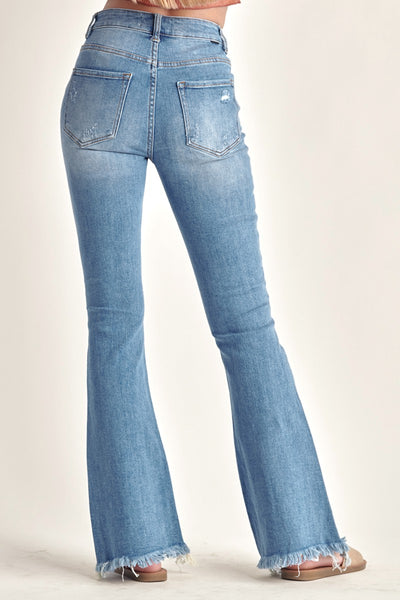 Light Medium Wash Distressed Flare Jean with Button Fly