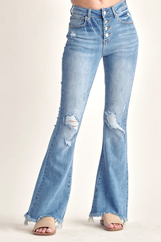 Light Medium Wash Distressed Flare Jean with Button Fly