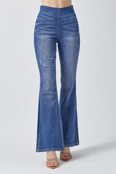 High Rise Medium Wash Pull On Flare Jeans