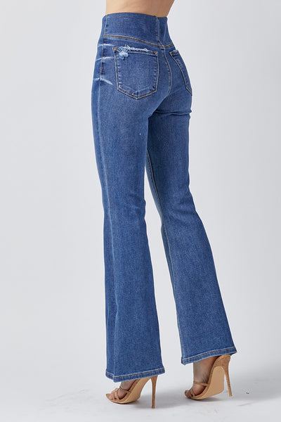 High Rise Medium Wash Pull On Flare Jeans