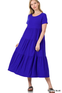 Bright Blue Short Sleeve Tiered Midi Dress