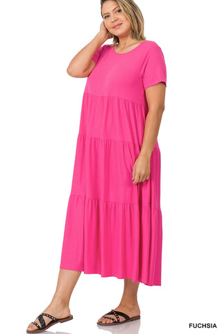 Fuchsia Short Sleeve Tiered Midi Dress (Plus Exclusive!)