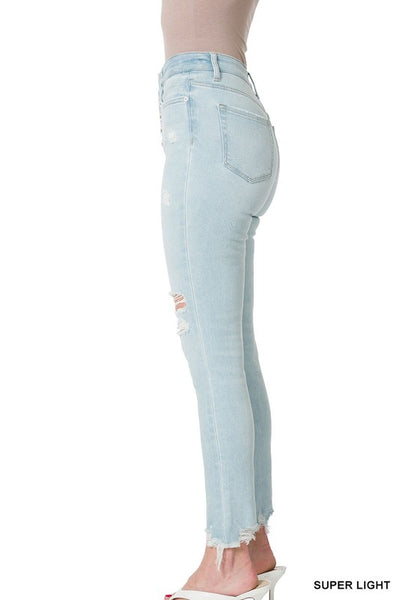 Light Wash High Rise Distressed Skinny Jeans with Button Fly