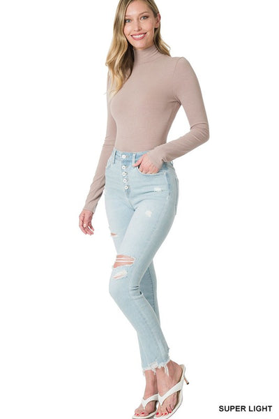Light Wash High Rise Distressed Skinny Jeans with Button Fly