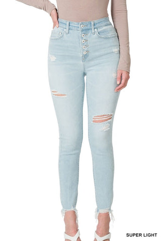 Light Wash High Rise Distressed Skinny Jeans with Button Fly