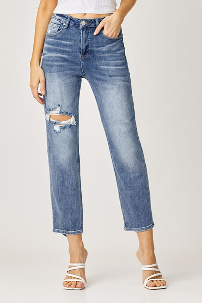Medium Wash High Rise Straight Leg Jeans with Distressing (Includes Plus!)