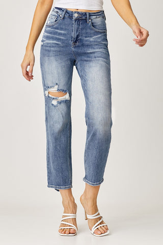 Medium Wash High Rise Straight Leg Jeans with Distressing (Includes Plus!)
