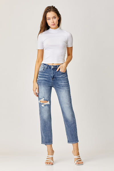Medium Wash High Rise Straight Leg Jeans with Distressing (Includes Plus!)