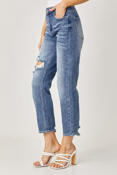 Medium Wash High Rise Straight Leg Jeans with Distressing (Includes Plus!)