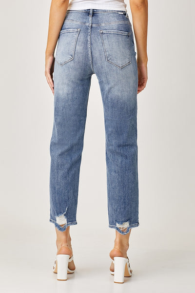 Medium Wash High Rise Straight Leg Jeans with Distressing (Includes Plus!)