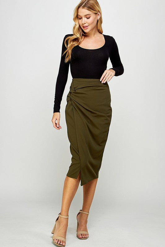 Olive Midi Pencil Skirt with Knot Detail and Slit