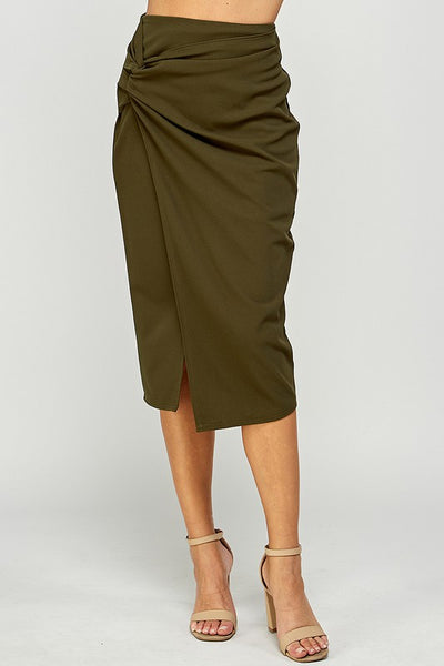 Olive Midi Pencil Skirt with Knot Detail and Slit