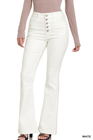 White High Rise Flare Jeans with Button Fly