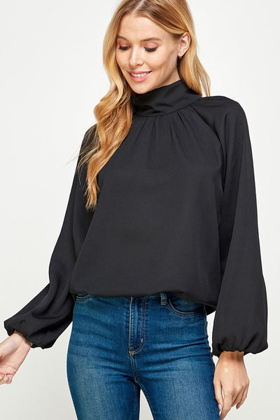 Black High Neck Blouse with Back Tie
