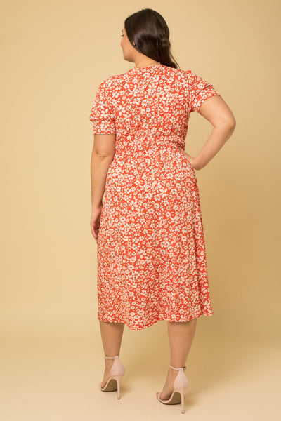 Red with White Floral Short Puff Sleeve V-Neck Midi Dress (Plus Size Exclusive!)
