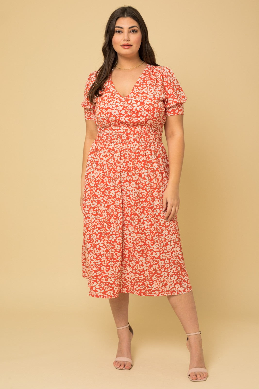 Red with White Floral Short Puff Sleeve V-Neck Midi Dress (Plus Size Exclusive!)