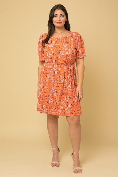 Orange Short Puff Sleeve Dress with Tie Waist (Plus Size Exclusive!)
