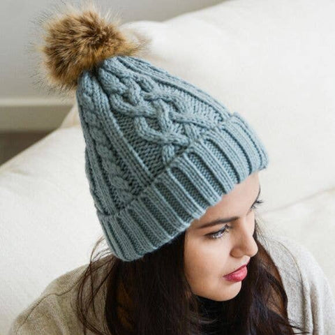 Mint Cable Knit Beanie With Faux Fur Pom