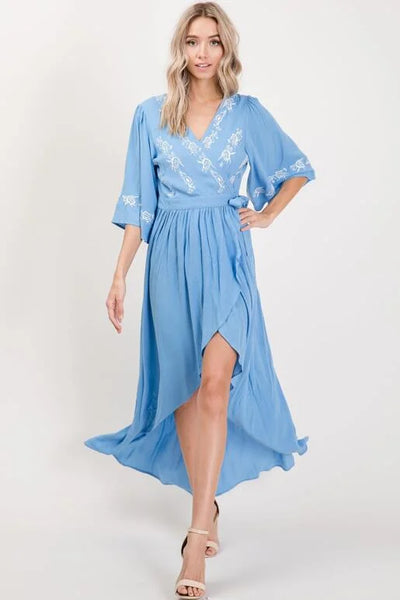 Chambray Blue Wrap Dress with Bell Sleeve and Embroidery Detail