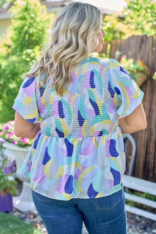 Cobalt Retro Abstract Shape V-Neck Smocked Bodice Flutter SleeveTop (Plus Exclusive!)