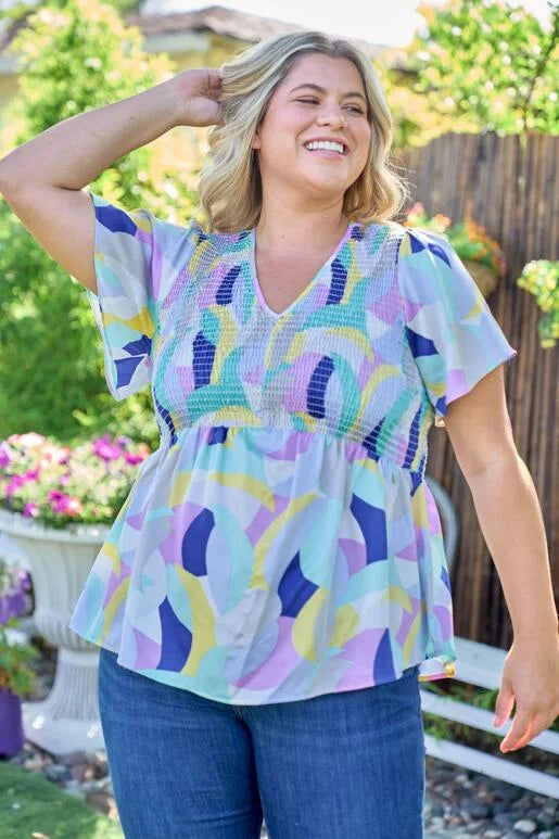Cobalt Retro Abstract Shape V-Neck Smocked Bodice Flutter SleeveTop (Plus Exclusive!)
