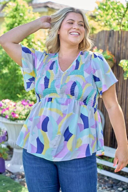 Cobalt Retro Abstract Shape V-Neck Smocked Bodice Flutter SleeveTop (Plus Exclusive!)