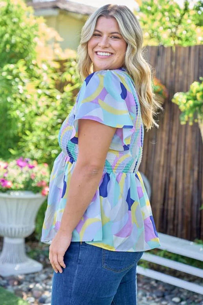 Cobalt Retro Abstract Shape V-Neck Smocked Bodice Flutter SleeveTop (Plus Exclusive!)