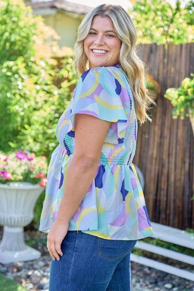 Cobalt Retro Abstract Shape V-Neck Smocked Bodice Flutter SleeveTop (Plus Exclusive!)
