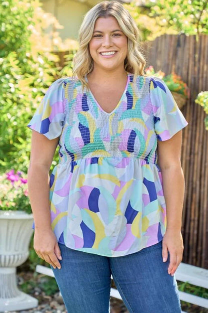 Cobalt Retro Abstract Shape V-Neck Smocked Bodice Flutter SleeveTop (Plus Exclusive!)