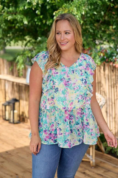 Floral Printed Chiffon Top with Ruffle Sleeve (Includes Plus!)
